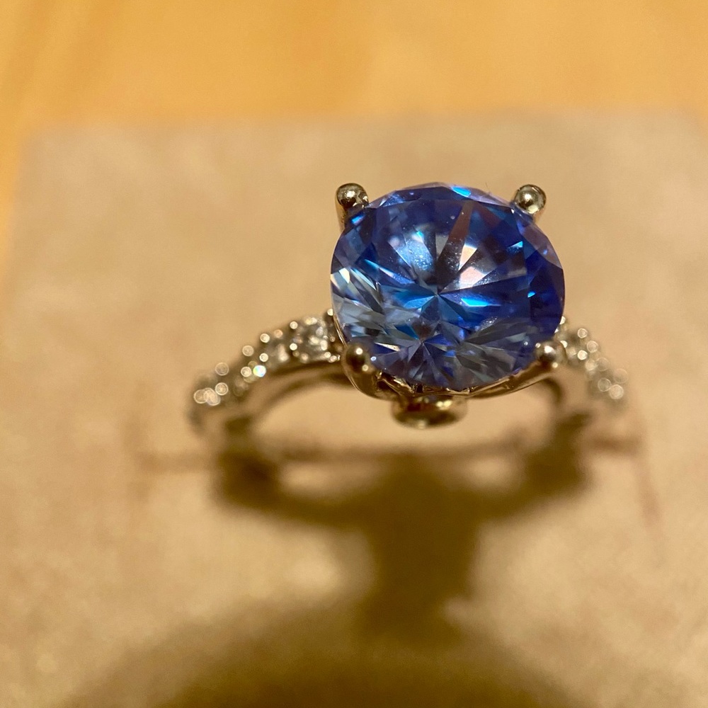 Blue Swarovski crystal ring, sterling silver, size 6